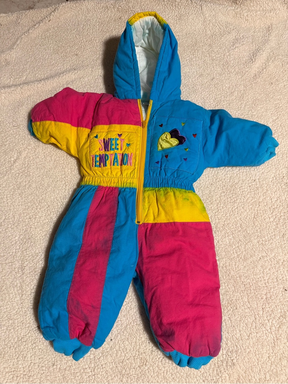 Vintage 80s 90s Young Land Colorblock Hearts Snowsuit Jumpsuit 2T